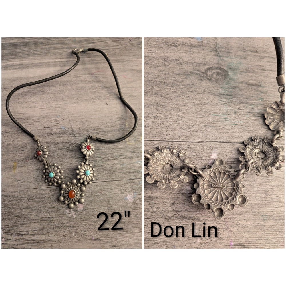 Don Lin Southwestern Concho Floral Necklace Silver Tone Turquoise Red 22 Inch
